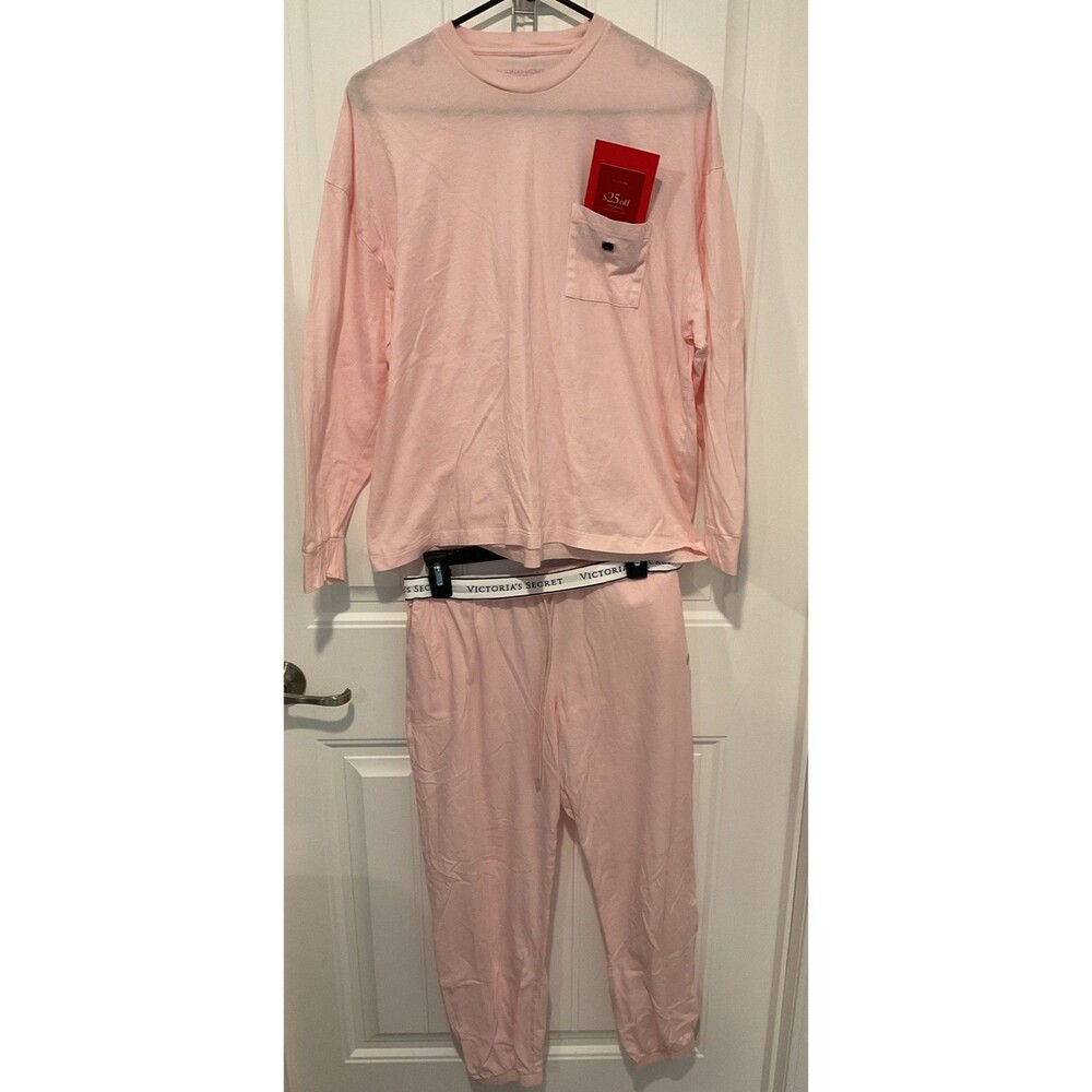 EUC Victoria’s Secret 100% Cotton Long Sleeve Jogger Pajama Set Pink Medium
